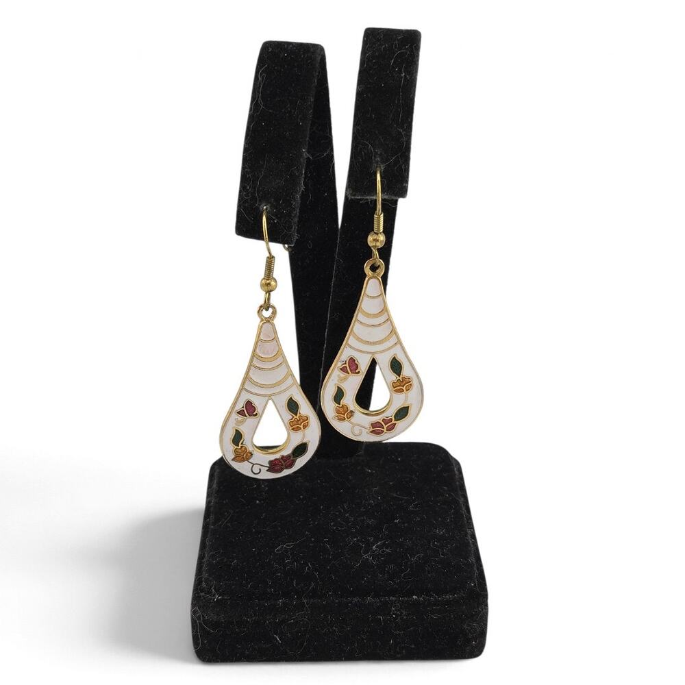 Vintage Floral Enamel Teardrop Dangle Earrings White Gold Tone Pierced